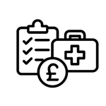 icon of clipboard, first aid kit and pound coin to represent personal health budgets